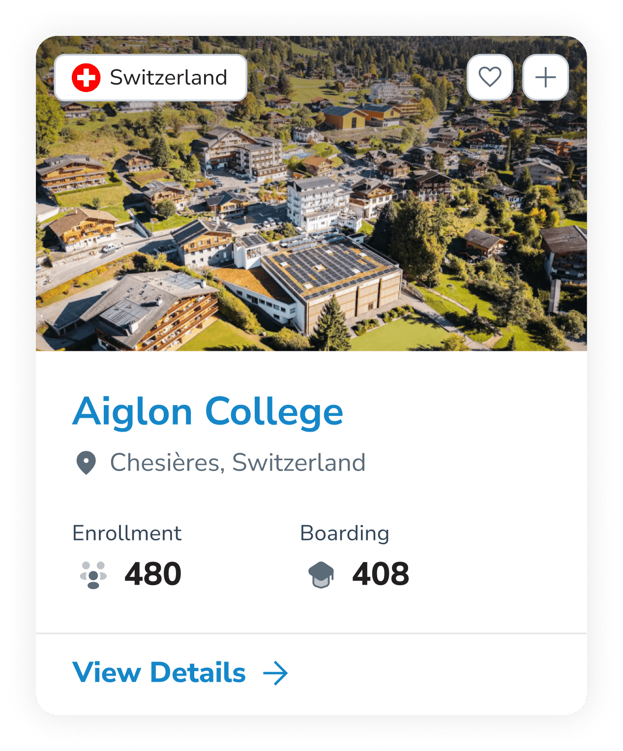 Aiglon College school card — Chesières, Switzerland, enrollment 480