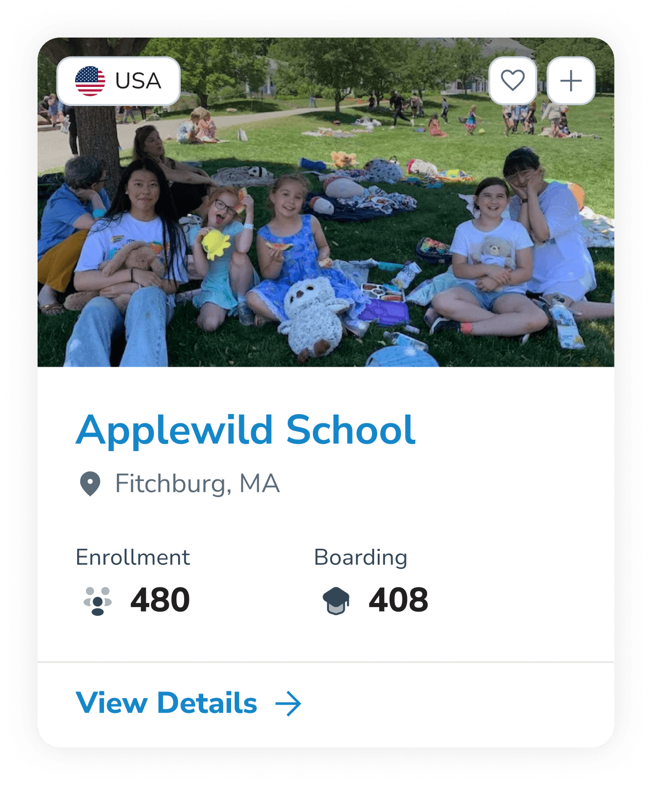 Applewild School card — Fitchburg, MA, enrollment 480
