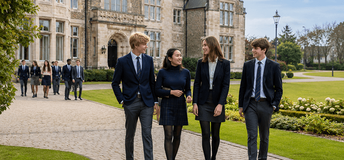 Students walking at a European boarding school campus