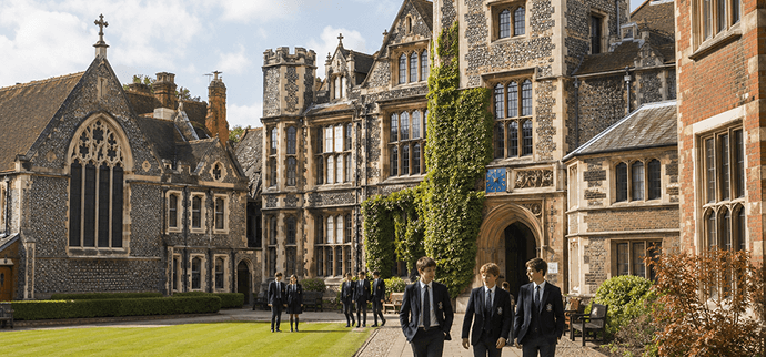Students in uniform at a UK boarding school campus