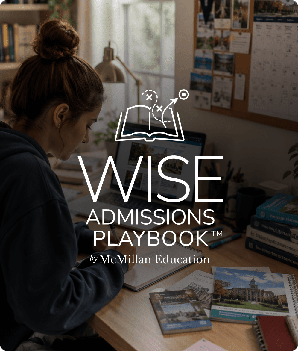 Student studying with W.I.S.E. Admissions Playbook branding overlay